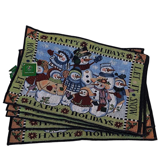 Set Of 5 Christmas Tapestry Placemats Let It Snow Happy Holidays Snow Man Family - Picture 1 of 10